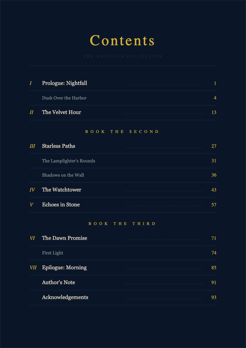 Midnight luxury book table of contents